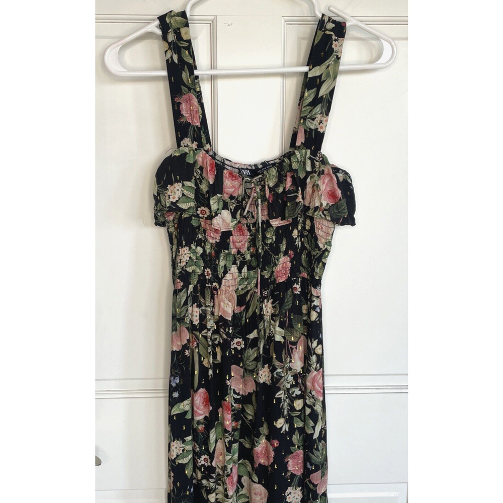 Zara Women's Flowy Ruffle Smocked Midi Dress Size S Strapless Dark Floral Boho - Picture 2 of 14